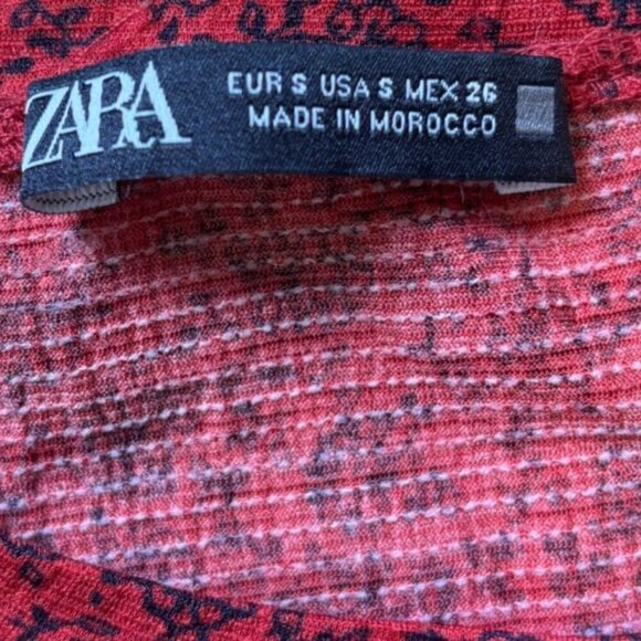 ZARA Red Black Dainty Floral 1/4 Sleeves Tiered Maxi Dress Womens Size Small S - Picture 2 of 6